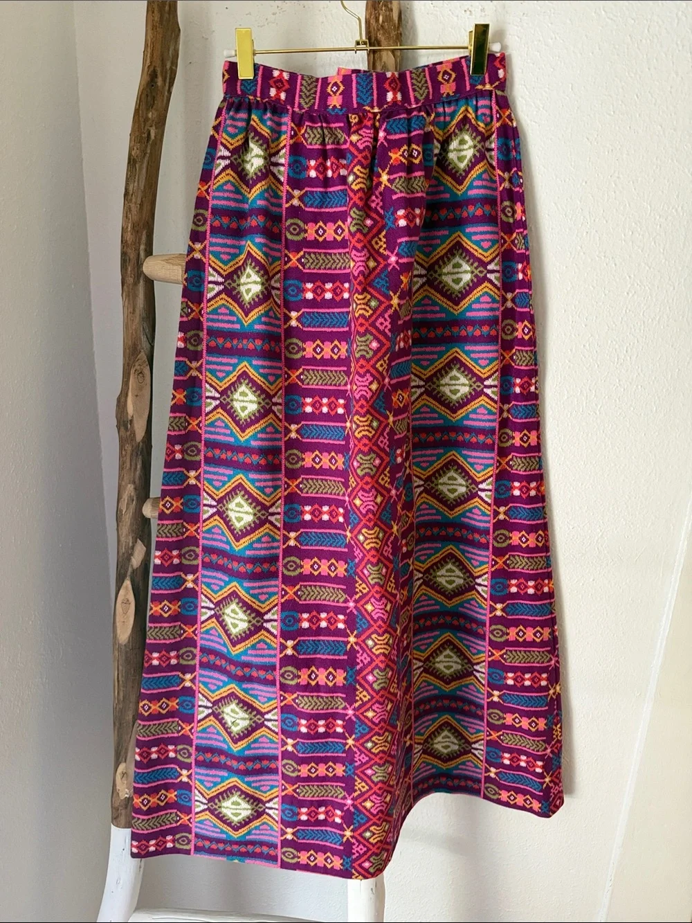 Vintage 70s Handmade Purple Pink & Teal Southwestern Tribal Maxi Skirt Small